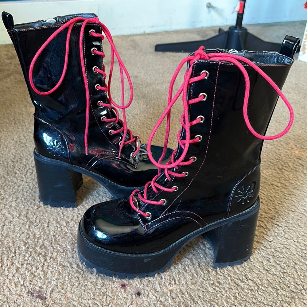 Black patent mid calf boots